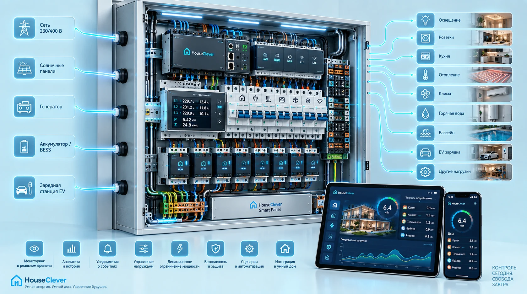 Схема HouseClever Smart Panel: источники энергии, измерение и управление нагрузками дома
