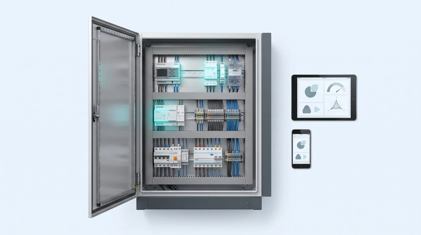 Визуализация умного электрического щита HouseClever с модулями контроля и управления, планшетом и смартфоном