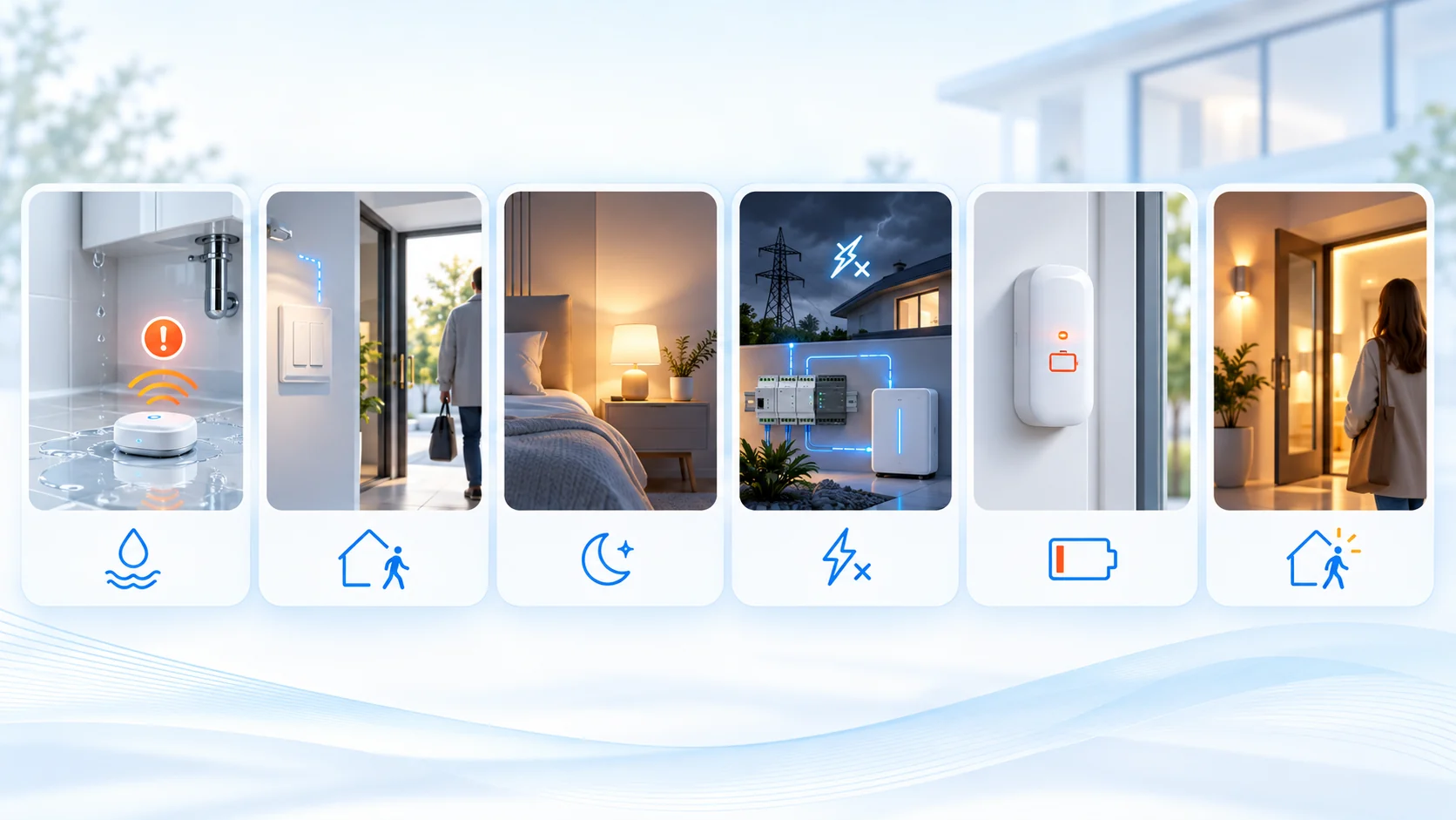 Сценарии умного дома HouseClever для воды, света, ночи, сети, аккумулятора и возвращения домой